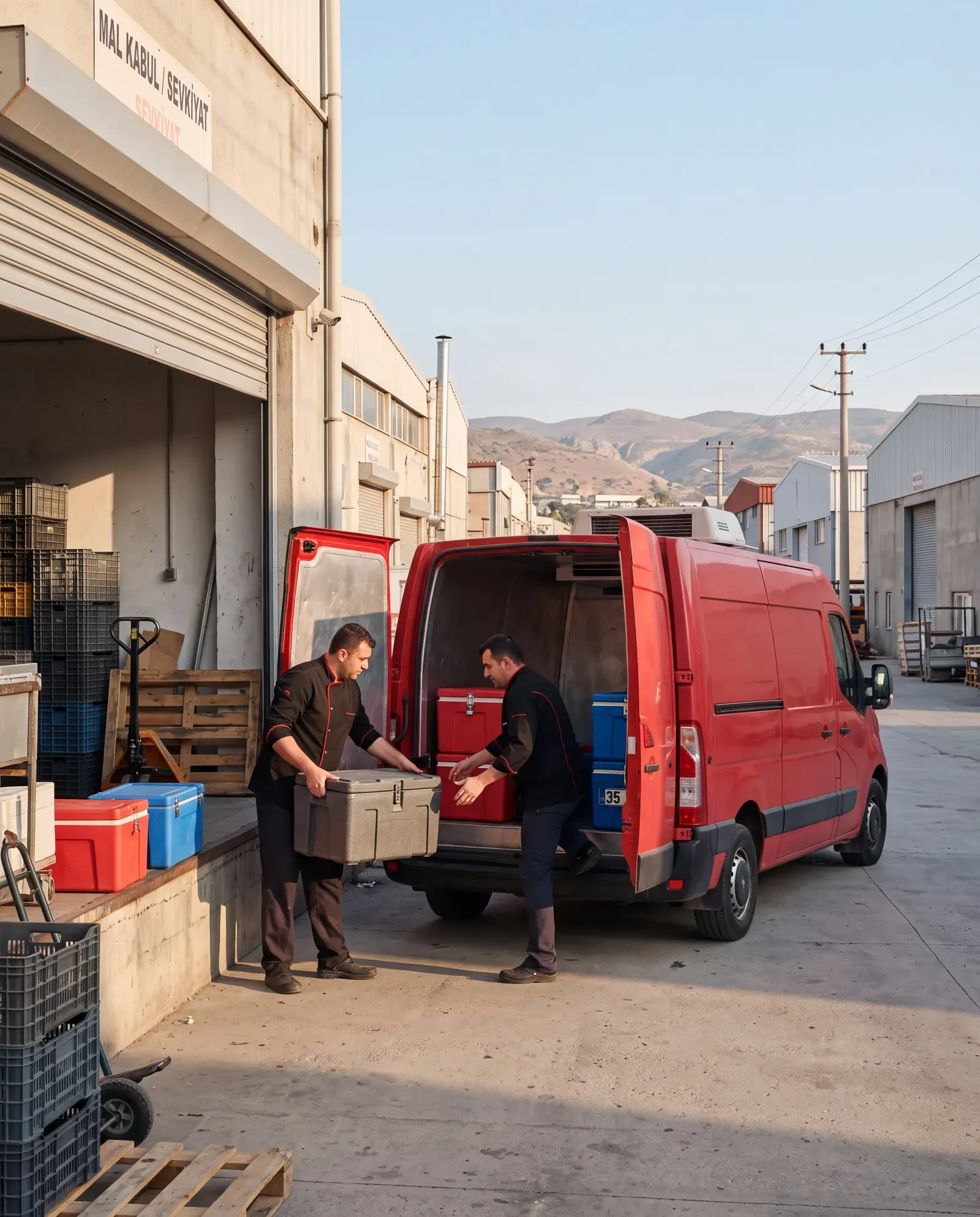 İki çalışan termoboxları mutfağın yükleme kapısında kırmızı araca yüklüyor