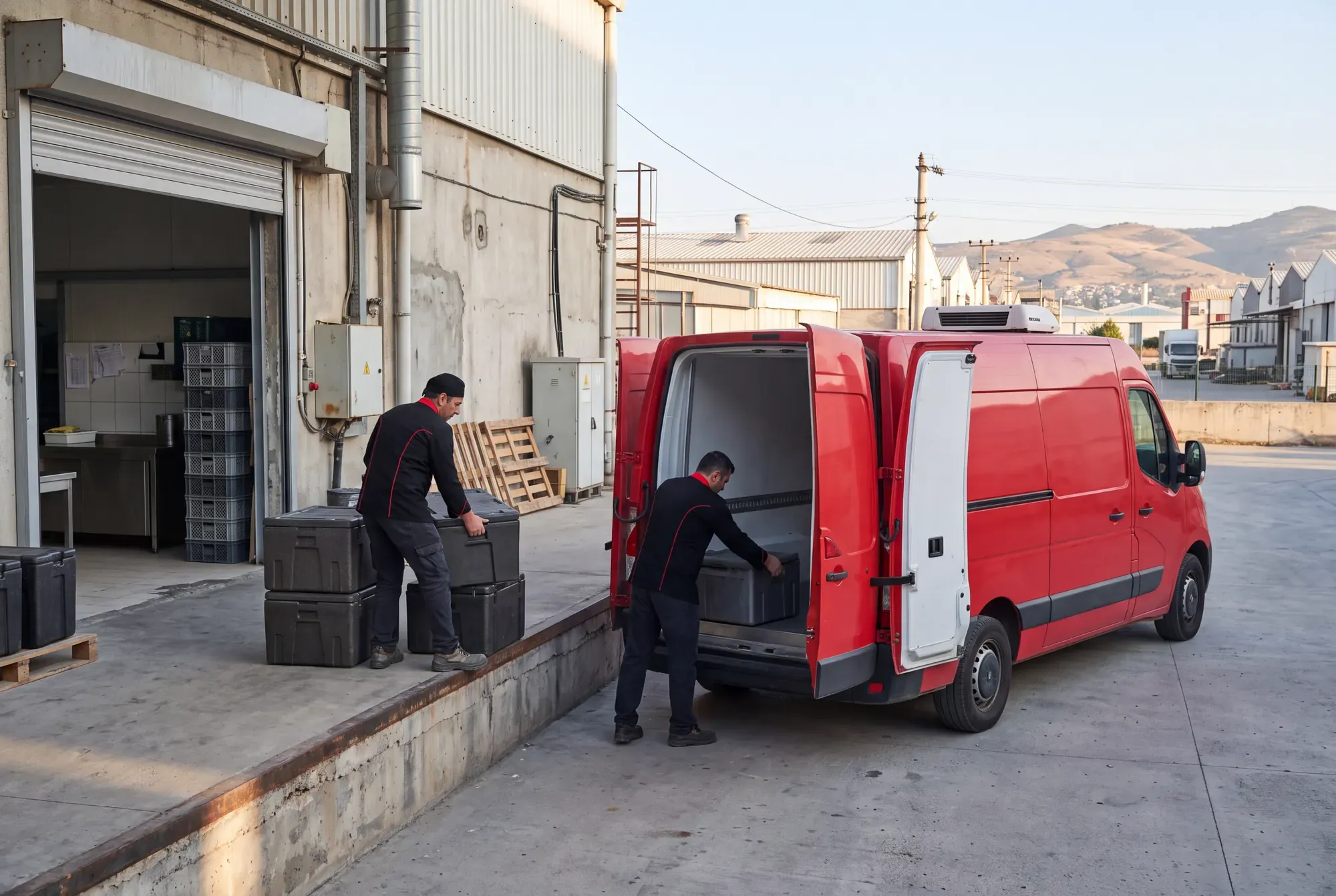 İki çalışan termoboxları mutfak kapısında kırmızı araca yüklüyor