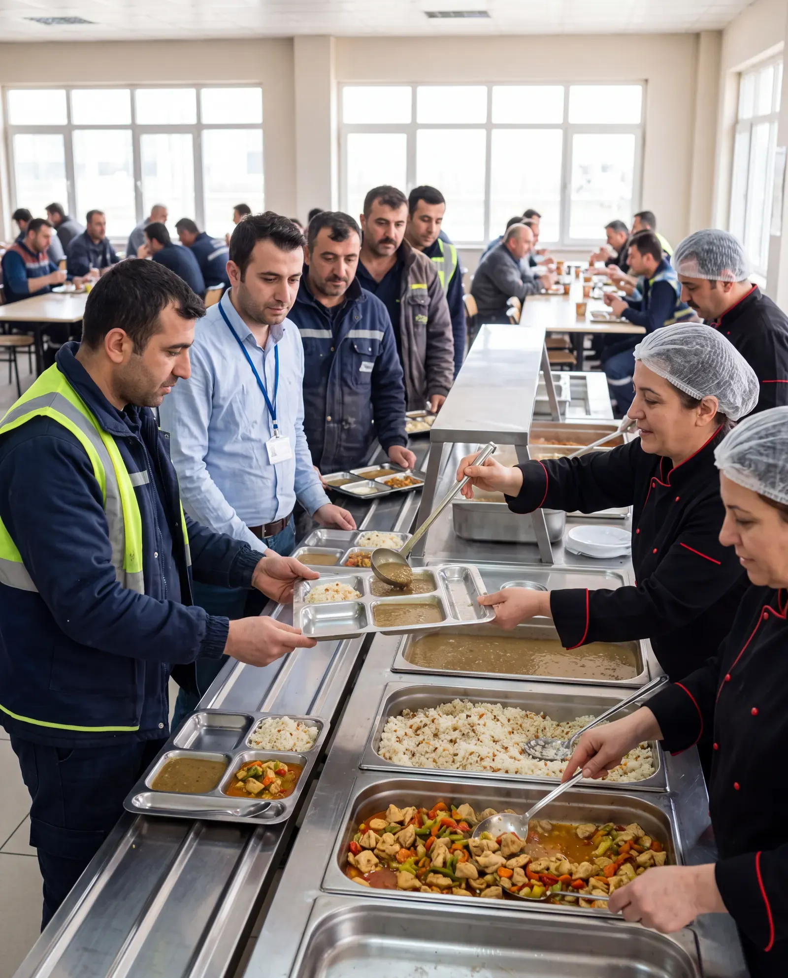 Fabrika çalışanları tepsileriyle sırada, ekip sıcak yemeği dağıtıyor