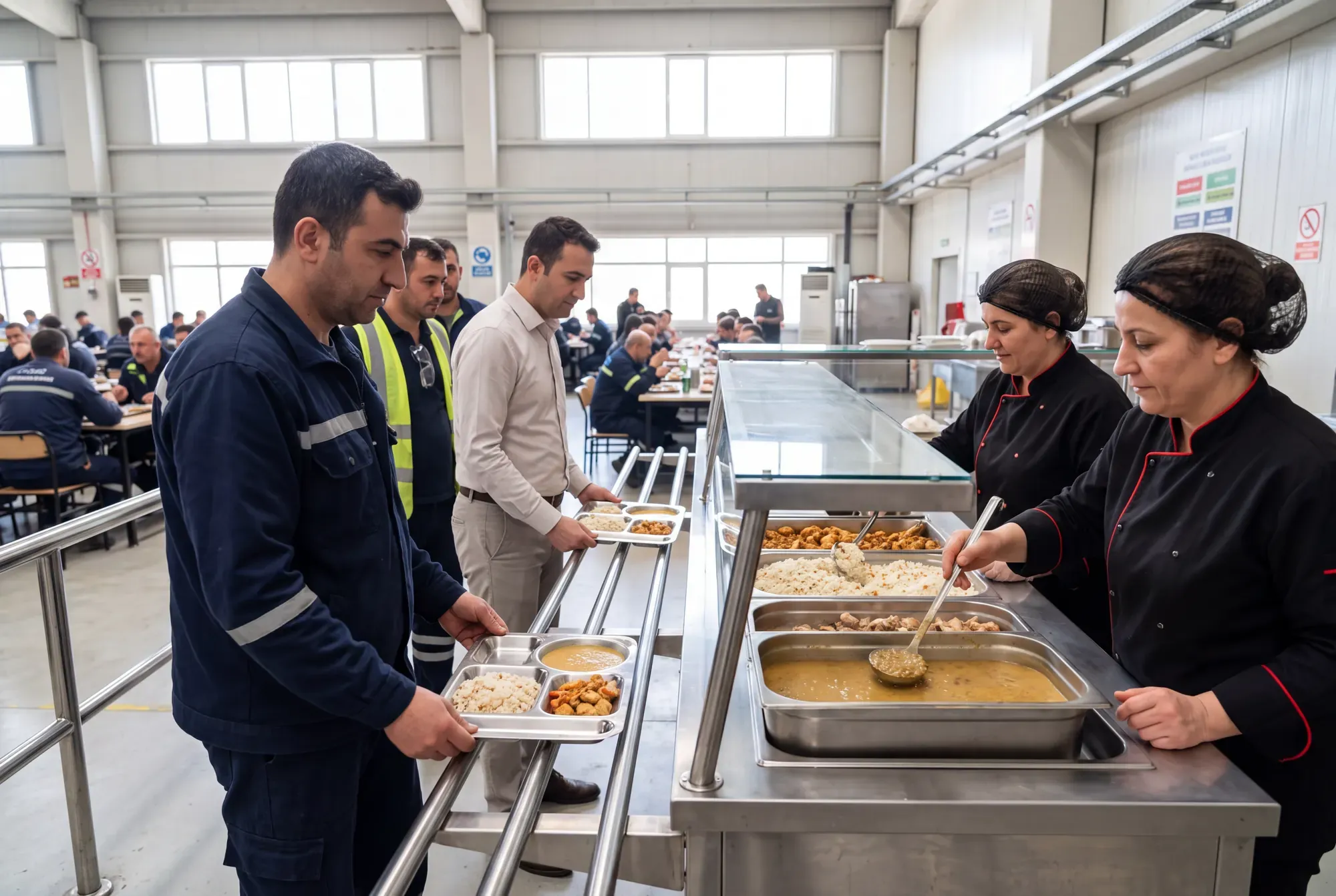 Fabrika çalışanları tepsileriyle servis hattında sırada, ekip sıcak yemeği dağıtıyor